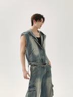【25s Apr.】Vintage Distressed Denim Vest Vest Patchwork Trousers Casual Suit