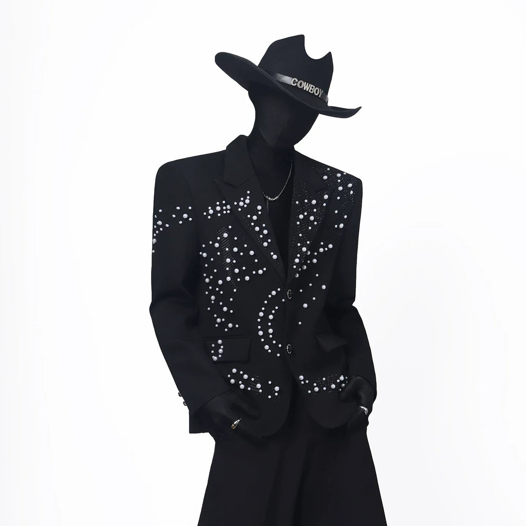 【26s May.】Pearl Embellished Heavy Detail Black Blazer