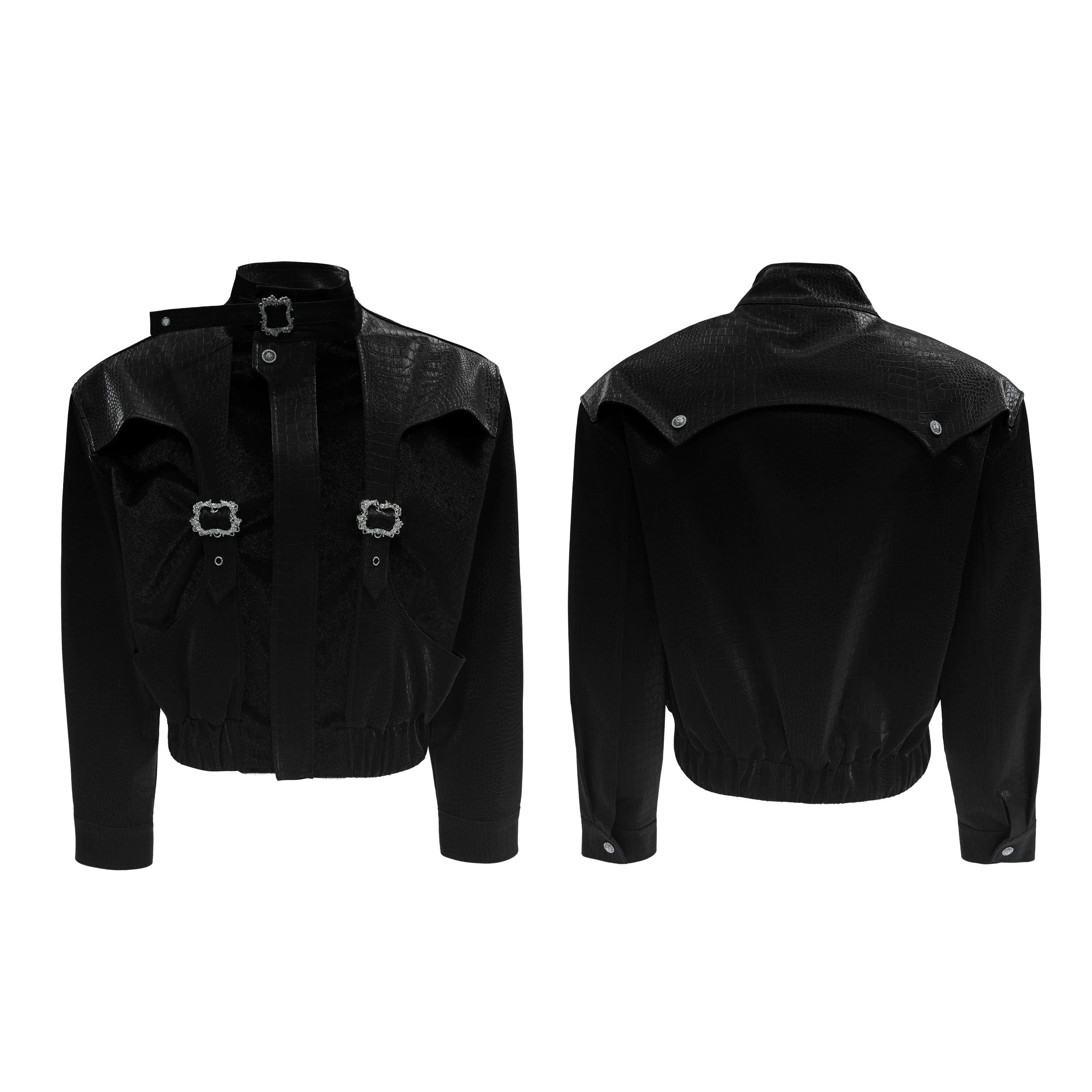 【25s Nov.】Crocodile-print Scale Cropped Leather Jacket