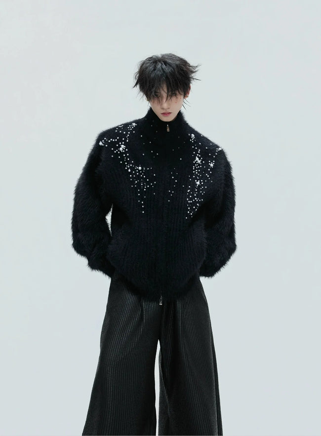 【25s Nov.】High-neck Plush Pearl Embellished Sweater Hover Image