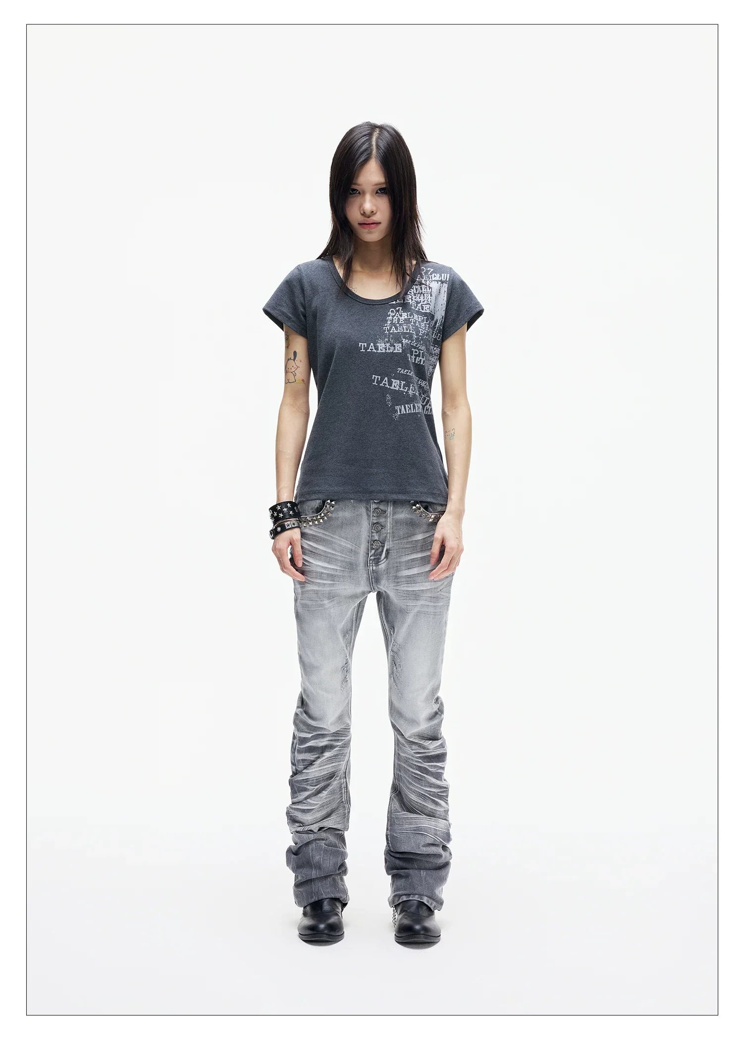Ice Blue Studded Curved Skinny Jeans