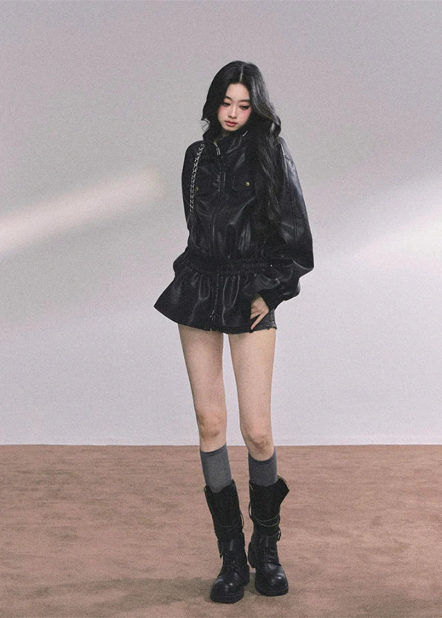 Noir Élégance Sculpted PU Moto Jacket