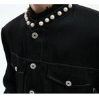 【26s Apr.】Pearl Embellishment Elegant Collarless Loose Denim Jacket / Jeans