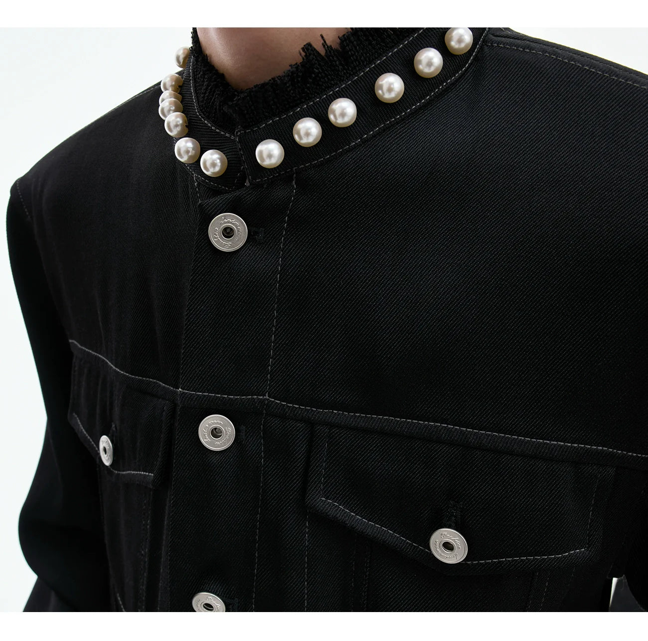 【26s Apr.】Pearl Embellishment Elegant Collarless Loose Denim Jacket / Jeans