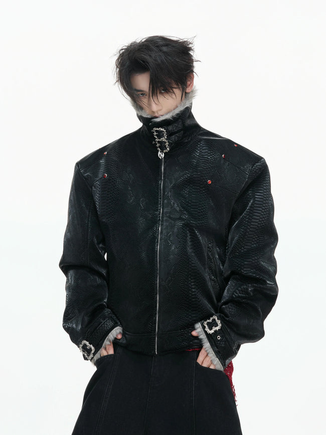 【26s Jan.】Black Python Textured Eagle Down Leather Jacket Hover Image