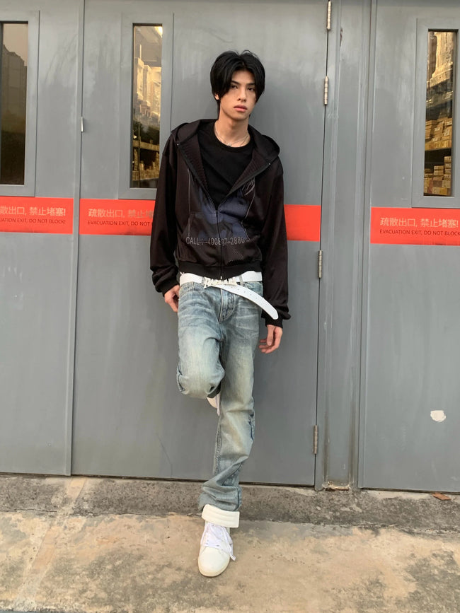 Ice Blue Crack Washed Flared Denim Jeans Main Image
