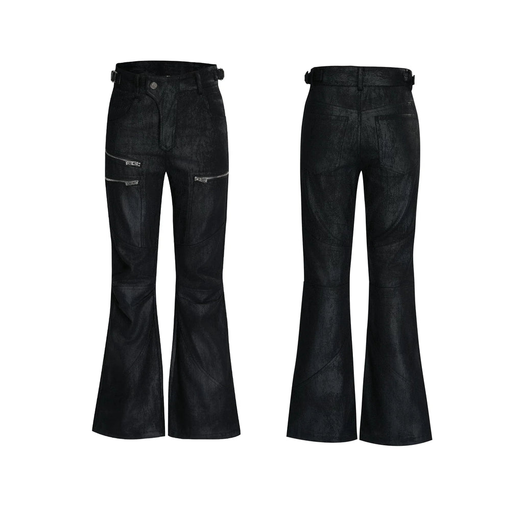 【26s May】Waxed Distressed Zip Panel Straight Denim Pants