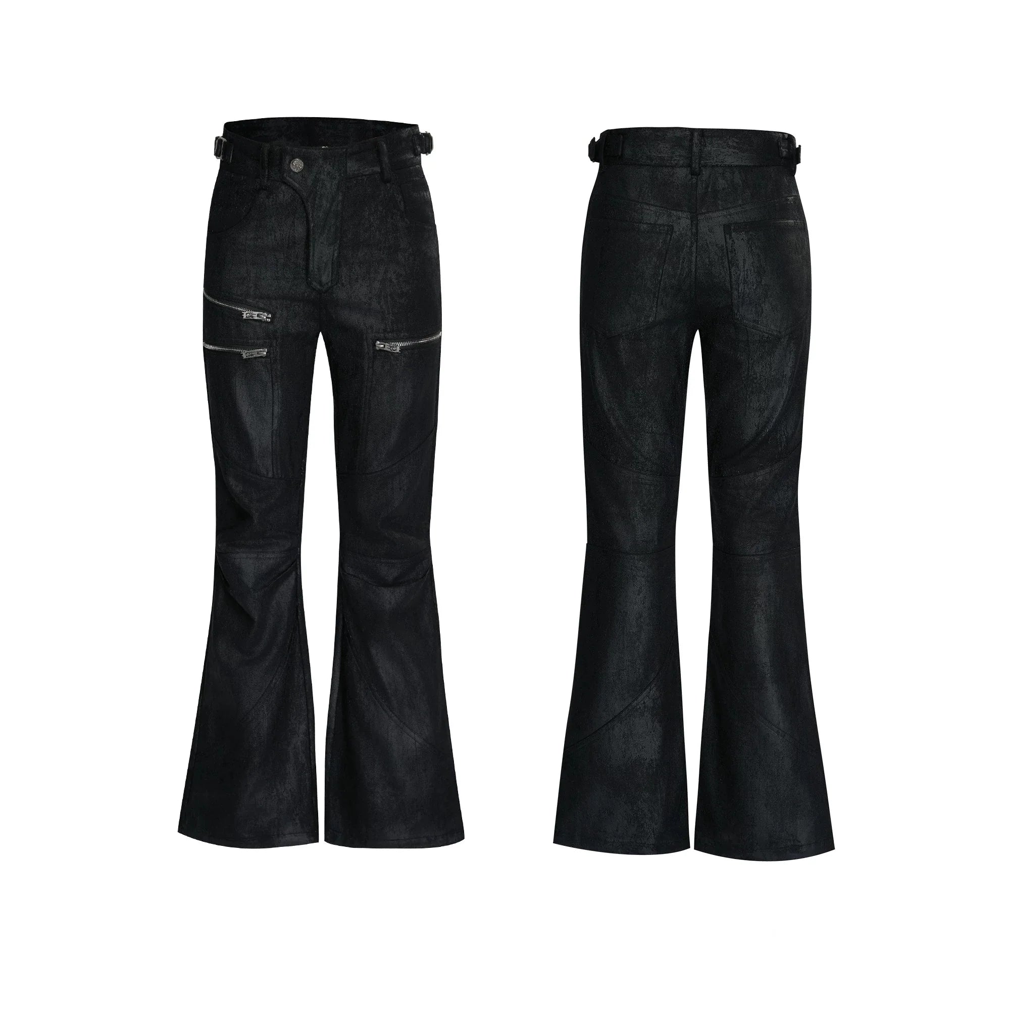 【26s May】Waxed Distressed Zip Panel Straight Denim Pants