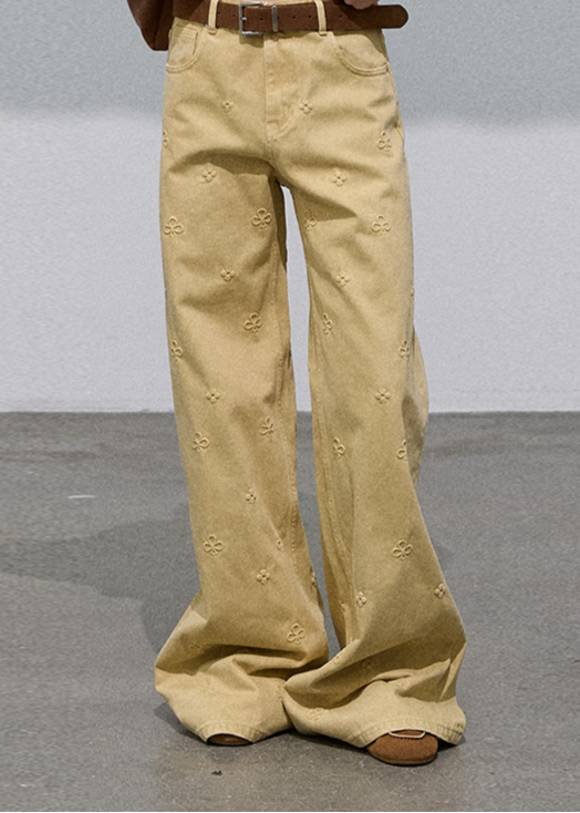 Veins of Autumn Leaves  Embossed Cotton Wide-Leg Jeans