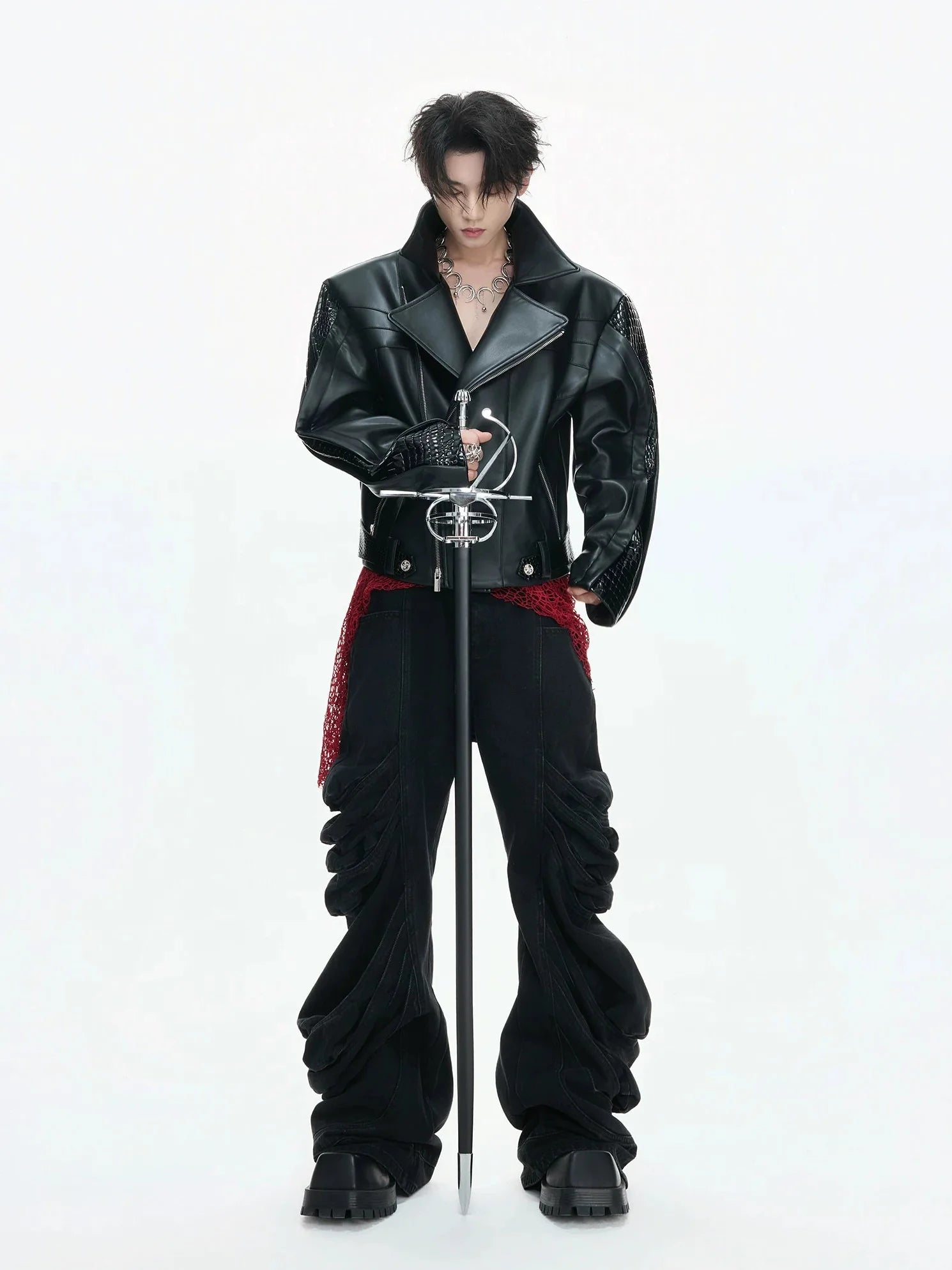 【26s Feb.】Deconstructed Croc-Embossed Asymmetric Zip Leather Jacket