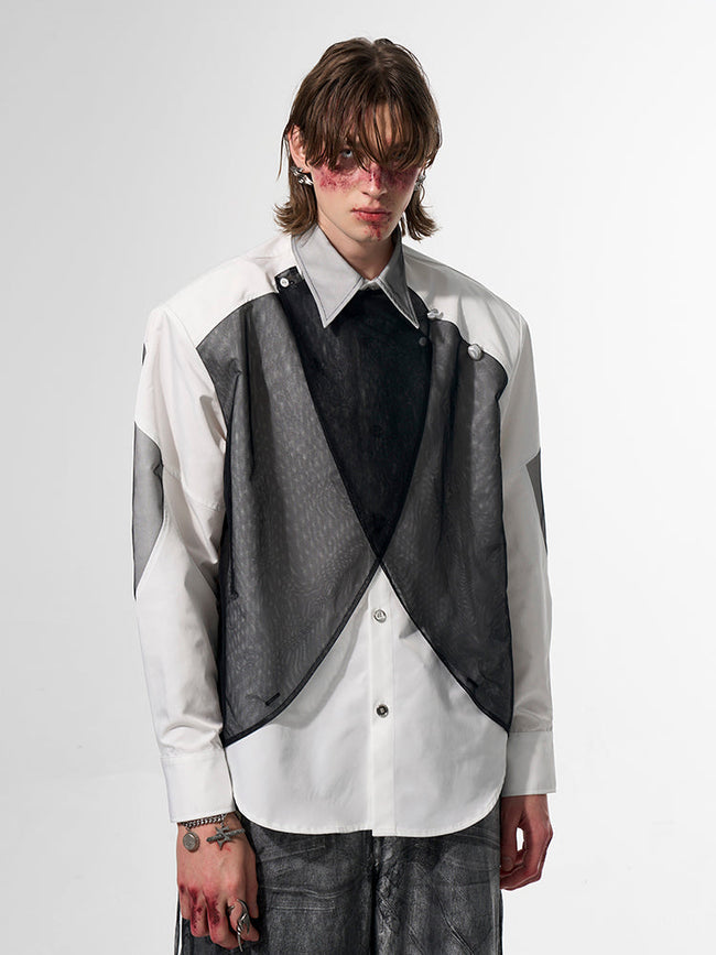 【25s Apr.】Mesh Stitching Shoulder Pad Long Sleeve Shirt Hover Image