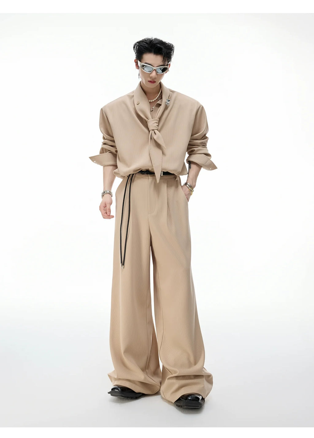 【26s Apr.】Scarf Shoulder Pad Shirt / Drape Wide-leg Pants