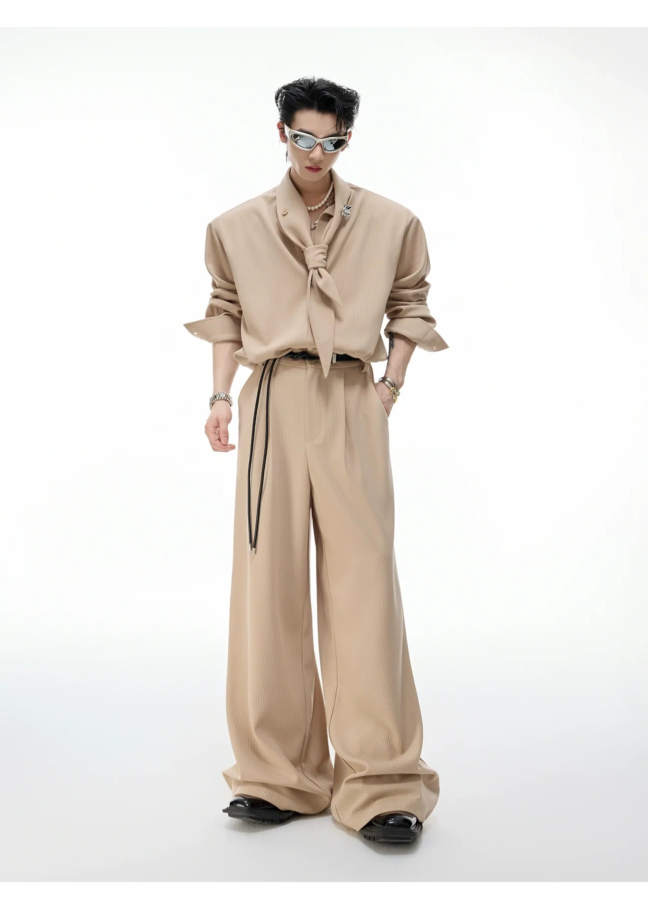 【26s Apr.】Scarf Shoulder Pad Shirt / Drape Wide-leg Pants