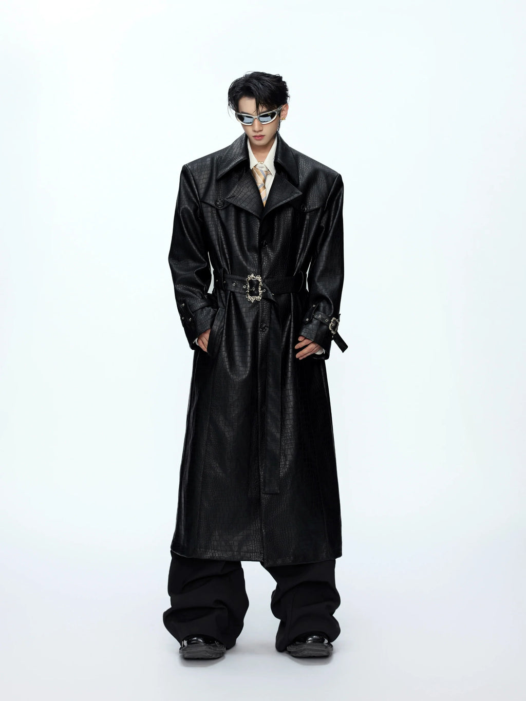 【25s Sep.】Deconstructed Crocodile-effect Metal Buttons Leather Coat