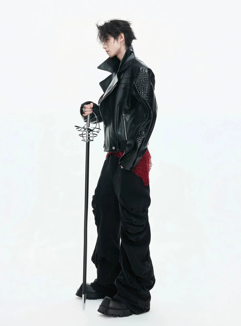 【26s Feb.】Deconstructed Croc-Embossed Asymmetric Zip Leather Jacket