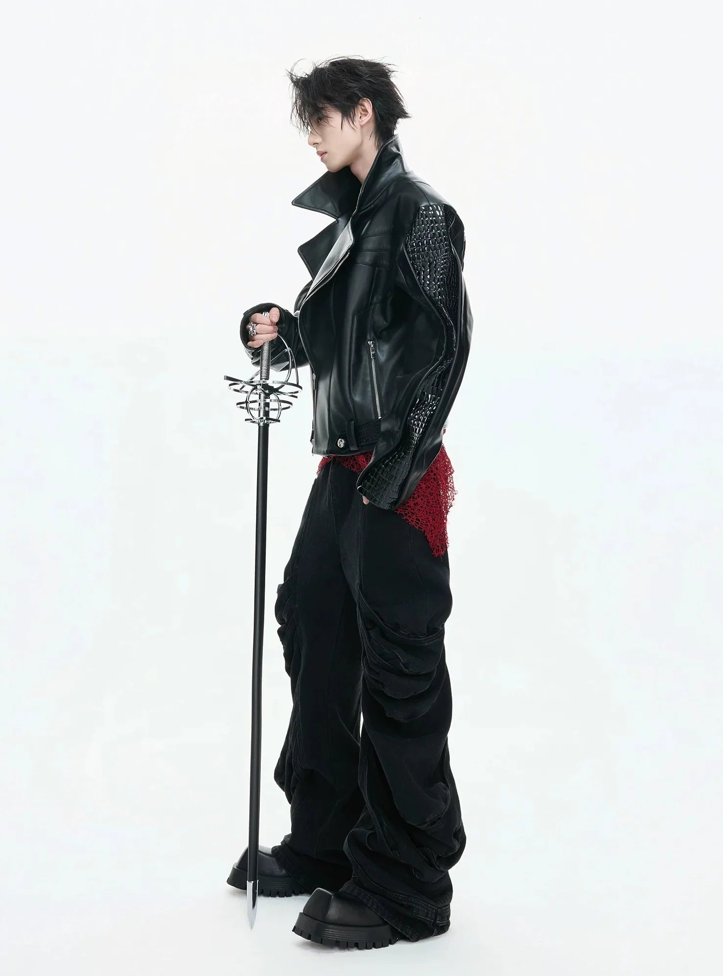 【26s Feb.】Deconstructed Croc-Embossed Asymmetric Zip Leather Jacket