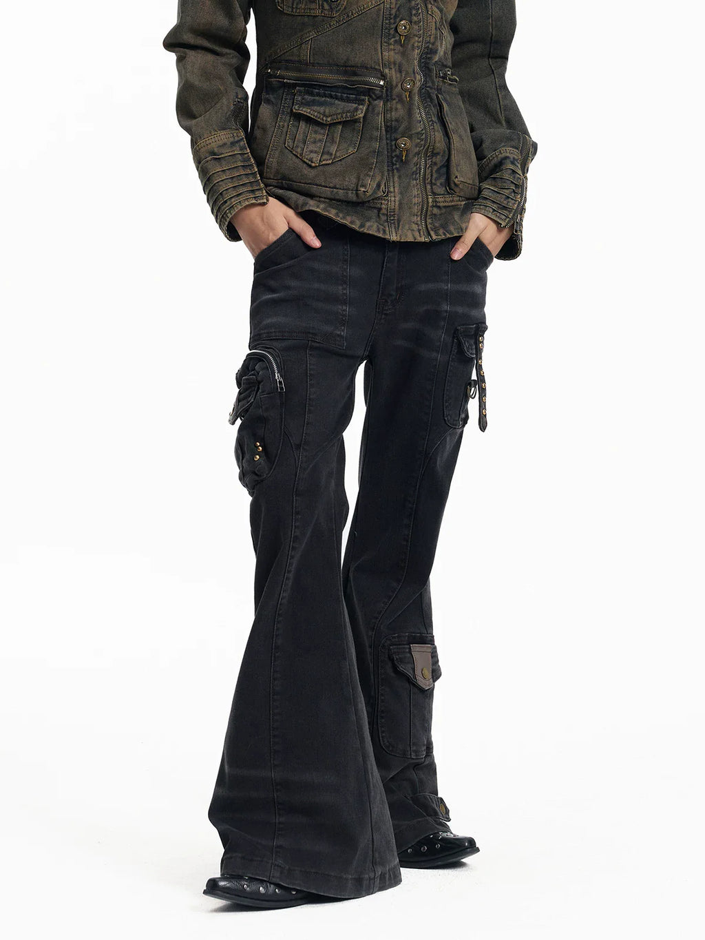 Y2K Patchwork Multi-Pocket Flared Skinny Jeans
