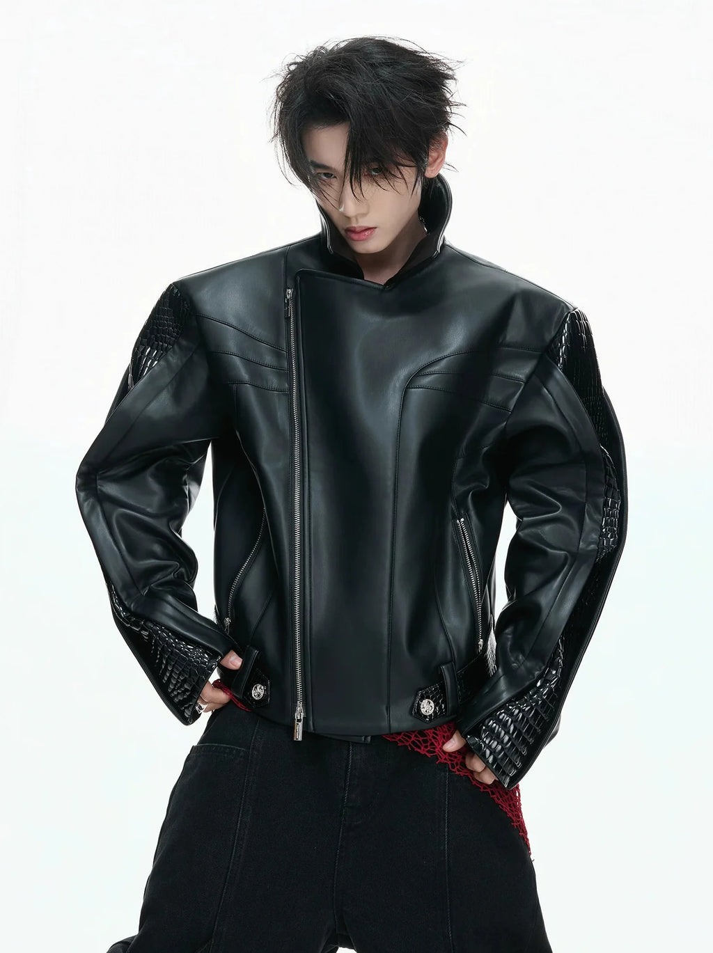 【26s Feb.】Deconstructed Croc-Embossed Asymmetric Zip Leather Jacket