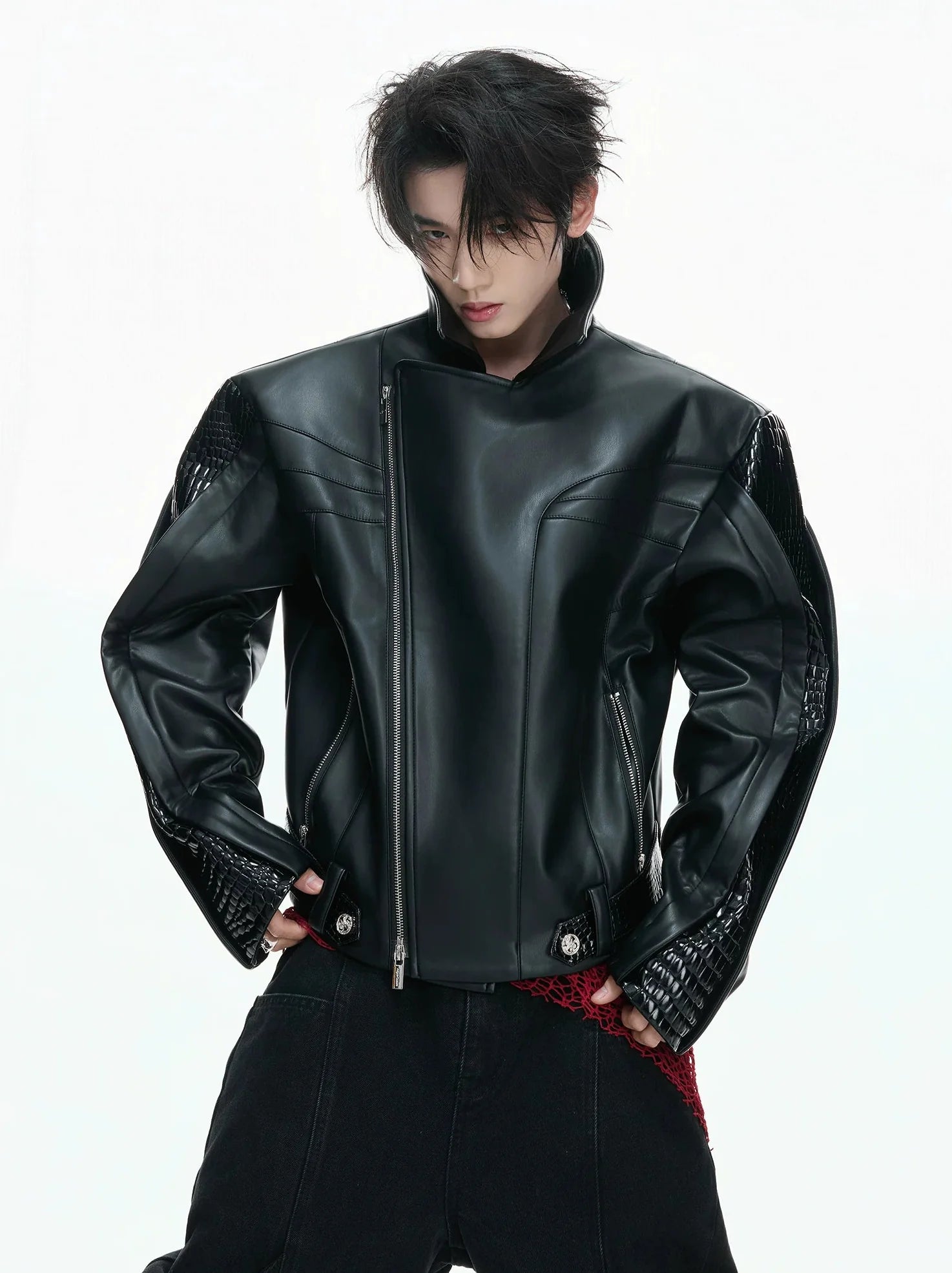 【26s Feb.】Deconstructed Croc-Embossed Asymmetric Zip Leather Jacket