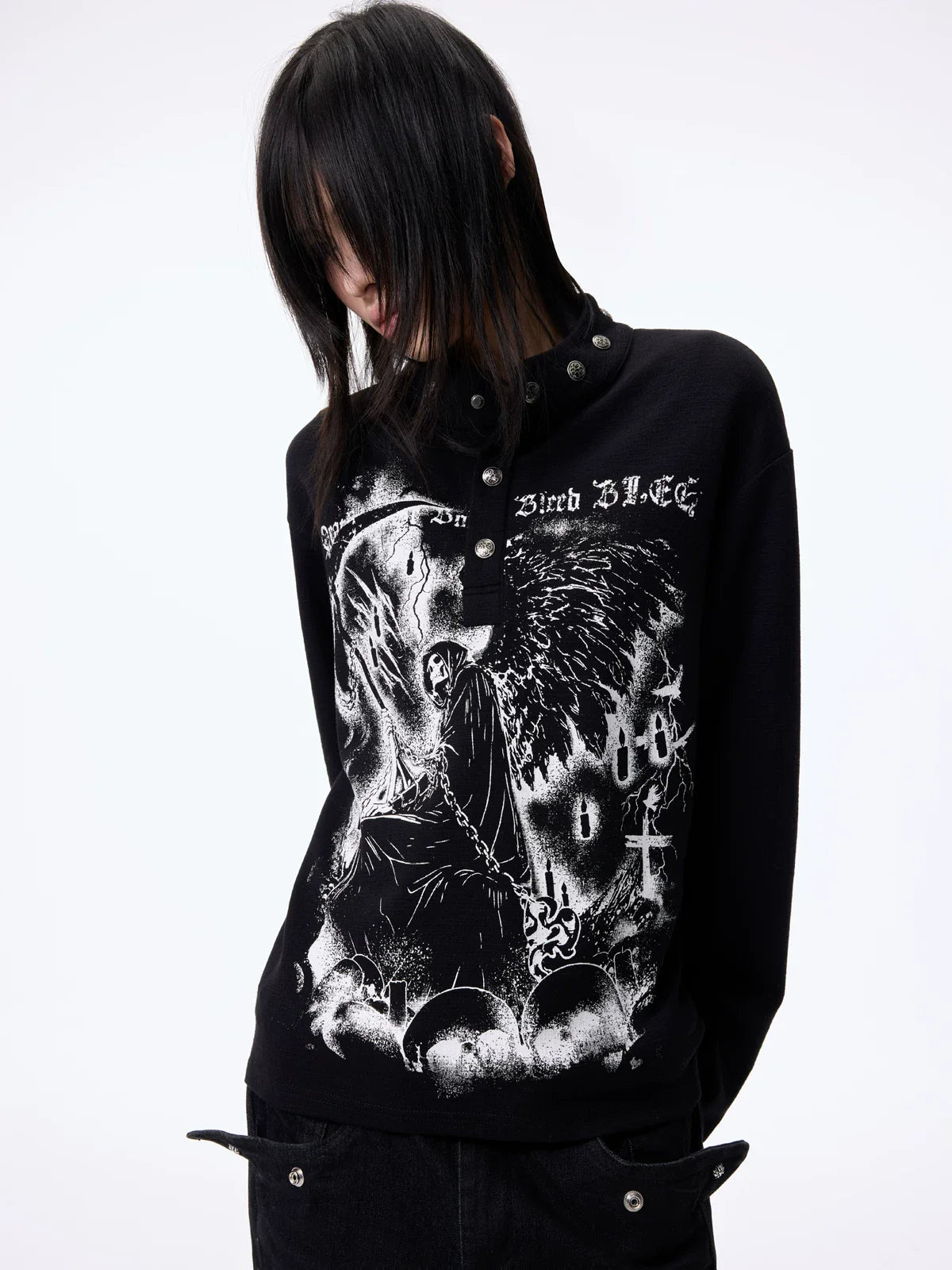 Dark Graphic Button Long Sleeve Tee