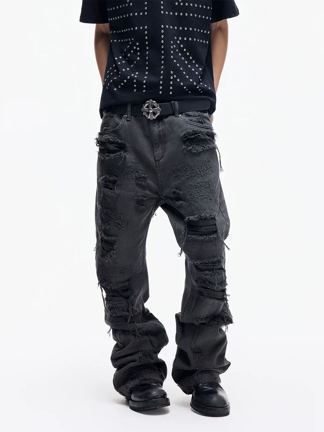 Distressed Raw Hem Slim Straight Jeans Hover Image