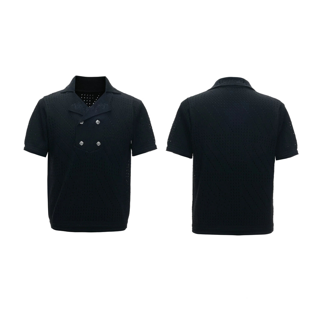 Openwork Embroidered Knit Polo Tee