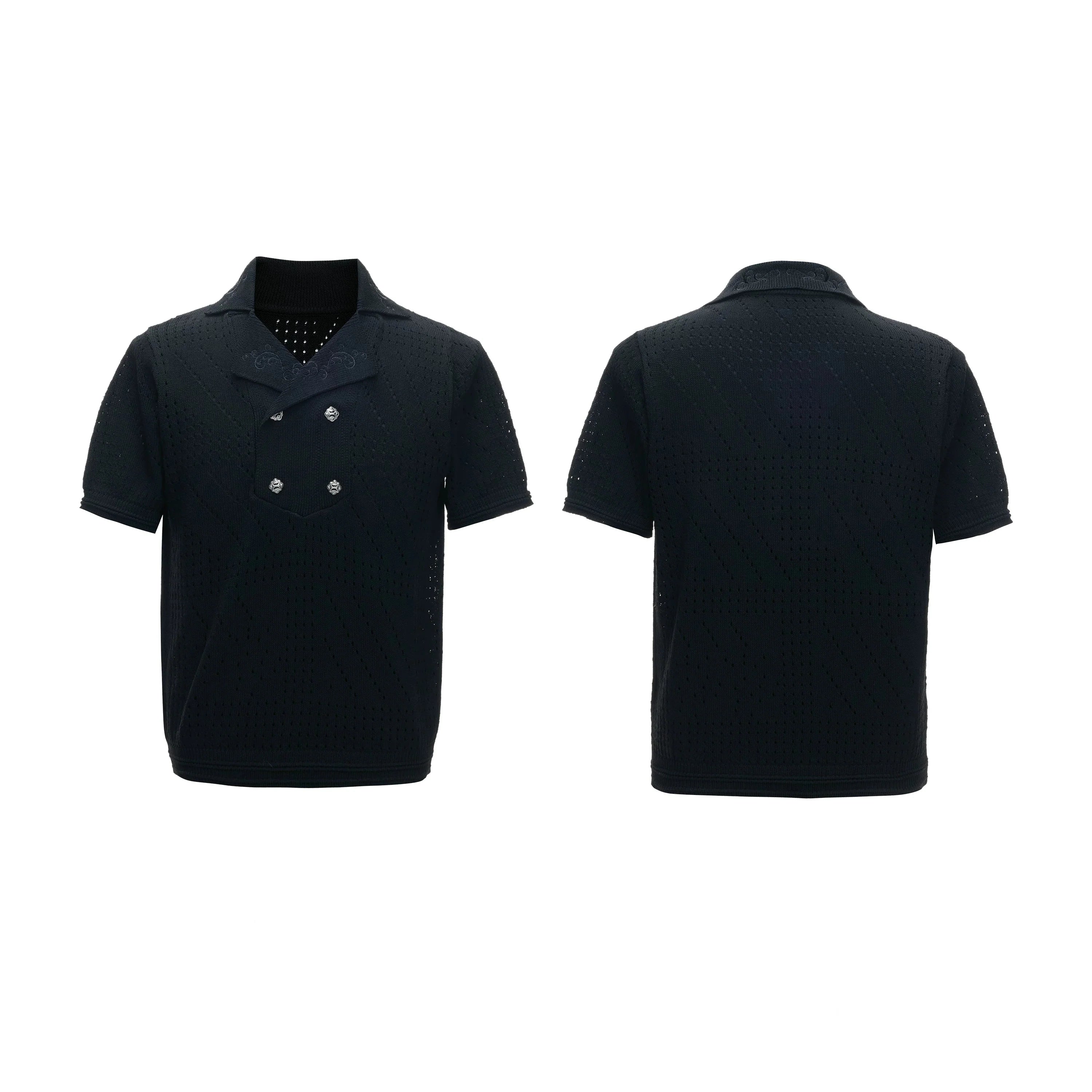 Openwork Embroidered Knit Polo Tee