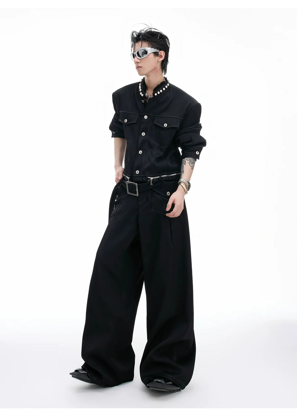 【26s Apr.】Pearl Embellishment Elegant Collarless Loose Denim Jacket / Jeans