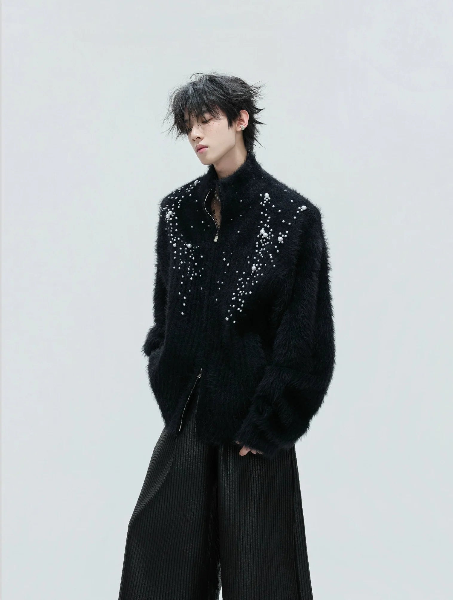 【25s Nov.】High-neck Plush Pearl Embellished Sweater