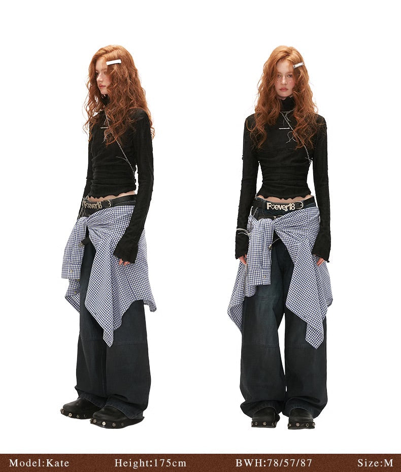 Destruction high collar long-sleeved T-shirt