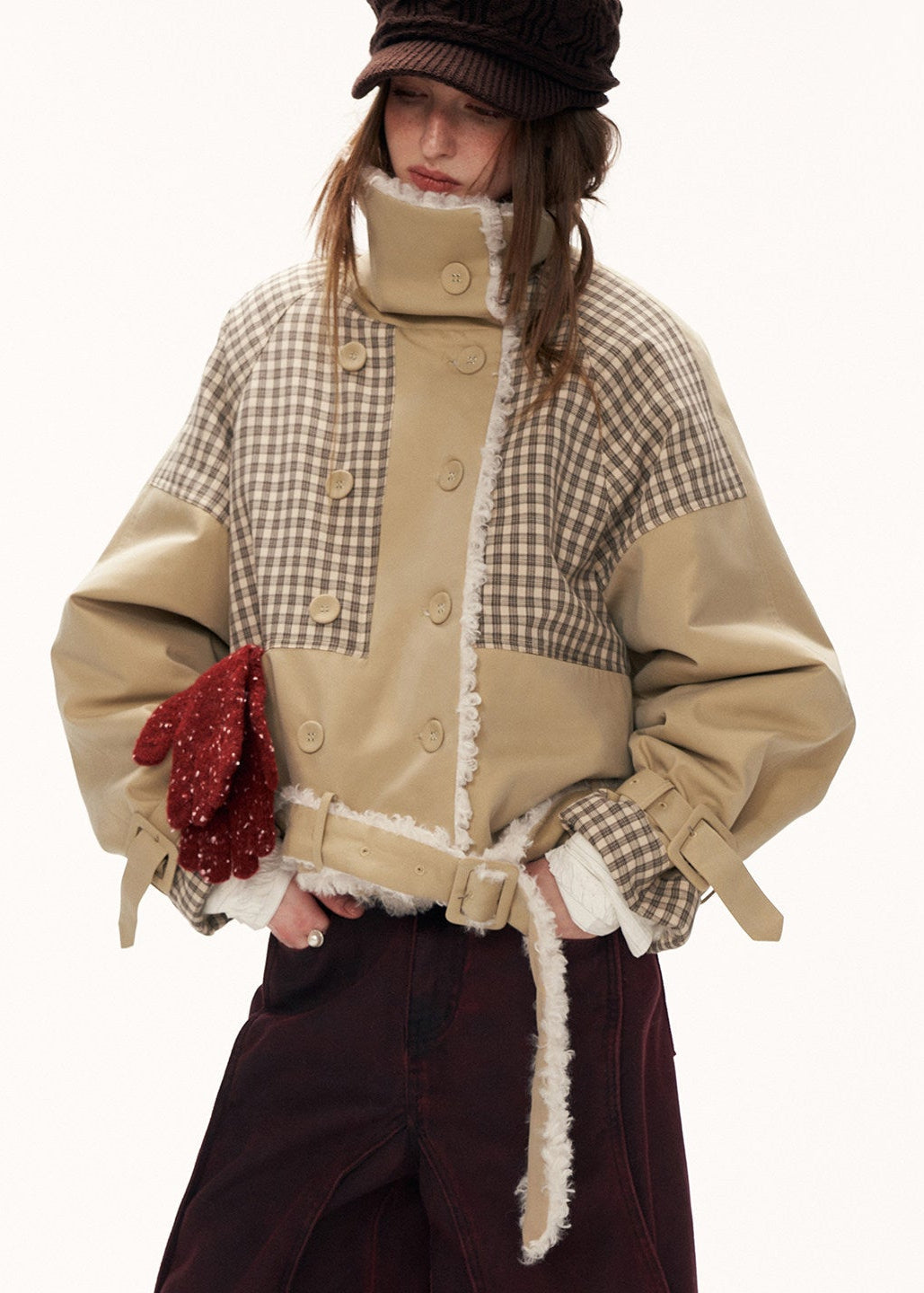 Plaid Clash Fur Collar Jacket