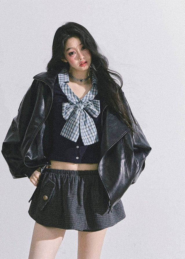 K-Idol Plaid Bow Layered Top