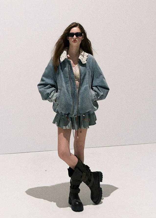 Denim Padded Jacket Set  Crochet Collar & Skirt
