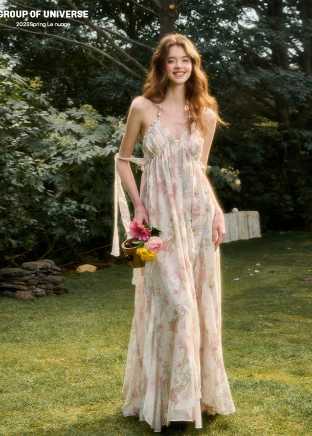 Floral Oil Painting Halter Neck Resort Dress Hover Image