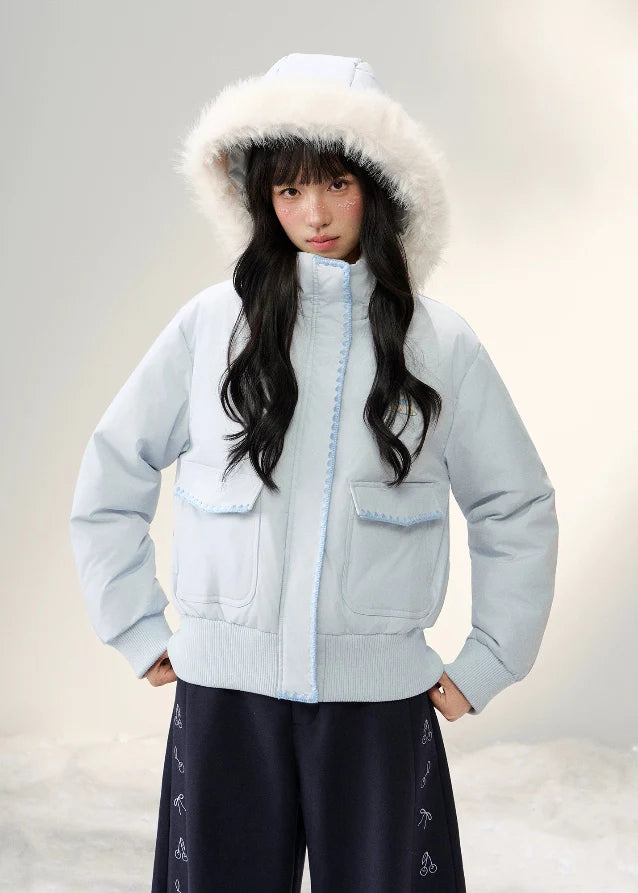Snowflake Pastel Fur-Collar Down Jacket