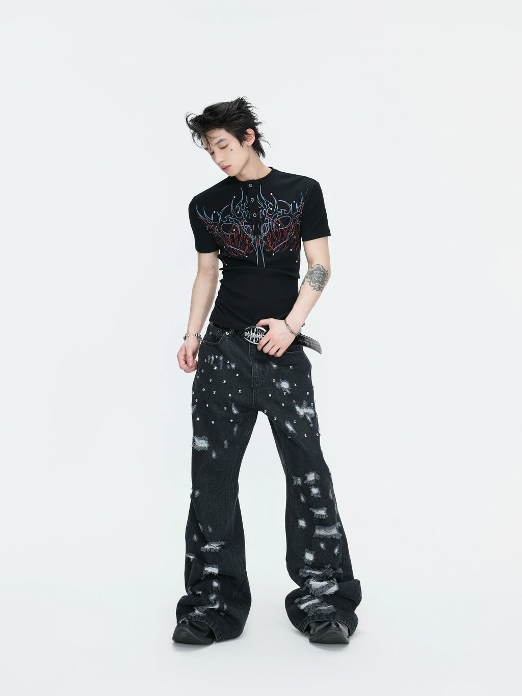 Gothic Flame Studded Slim Tee