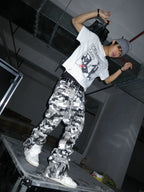 Waxed Camo Curved Flared Pants