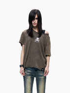 Skull Graphic Layered Off-Shoulder Tee