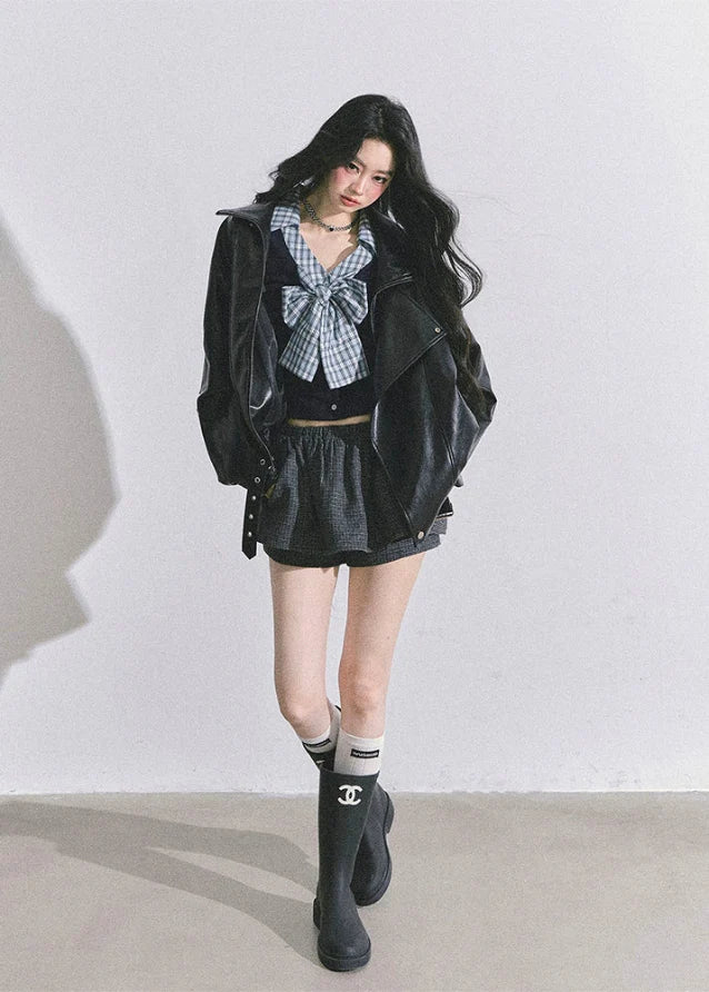 K-Idol Plaid Bow Layered Top
