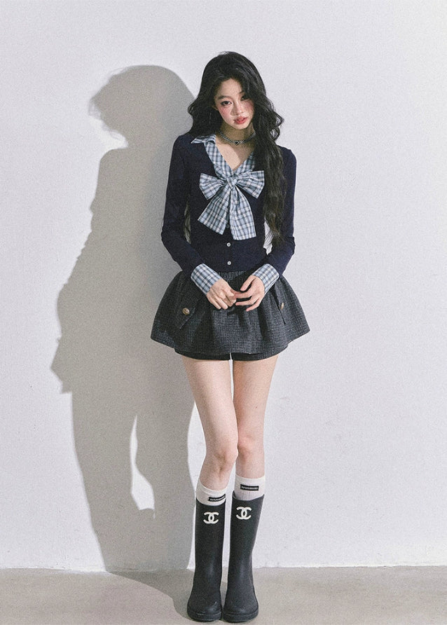 K-Idol Plaid Bow Layered Top