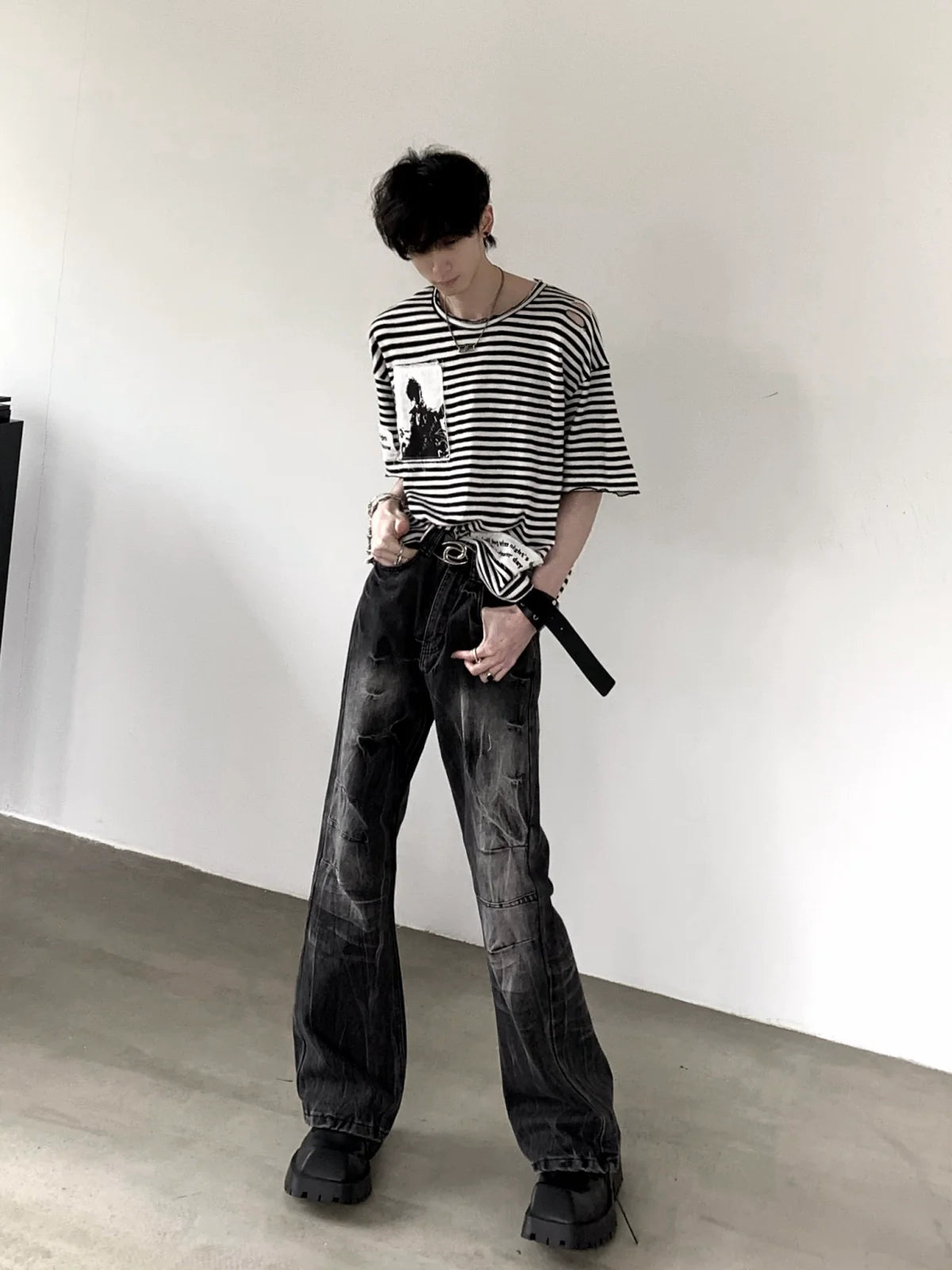 【25s Sep.】Vintage Pleated Lightning Pattern Jeans
