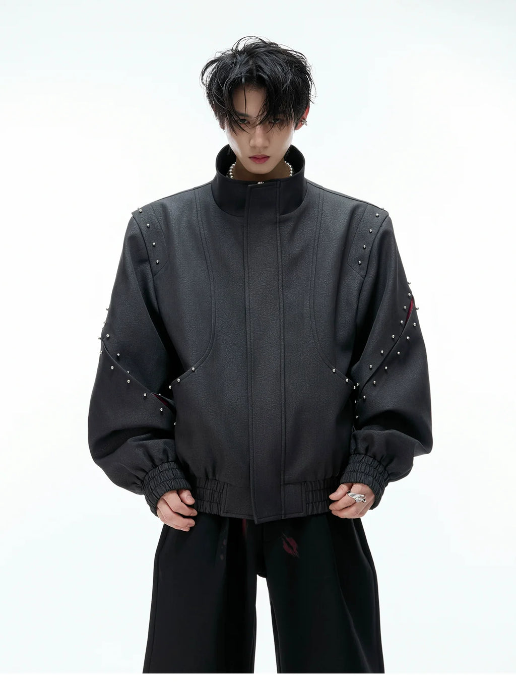 【25s Aug.】Deconstructed Colorblock Stand Collar Rivet Loose-Fit Jacket