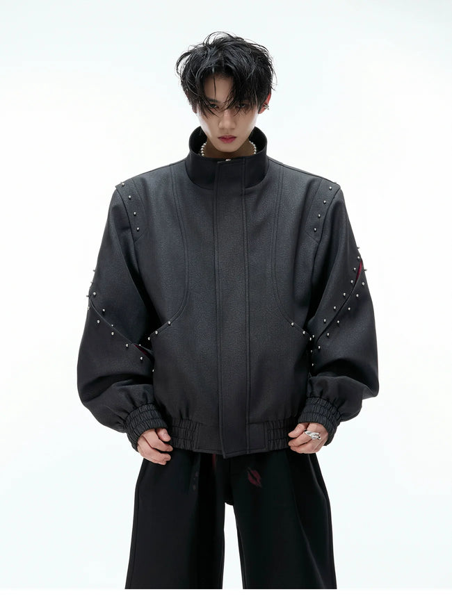 【25s Aug.】Deconstructed Colorblock Stand Collar Rivet Loose-Fit Jacket Hover Image