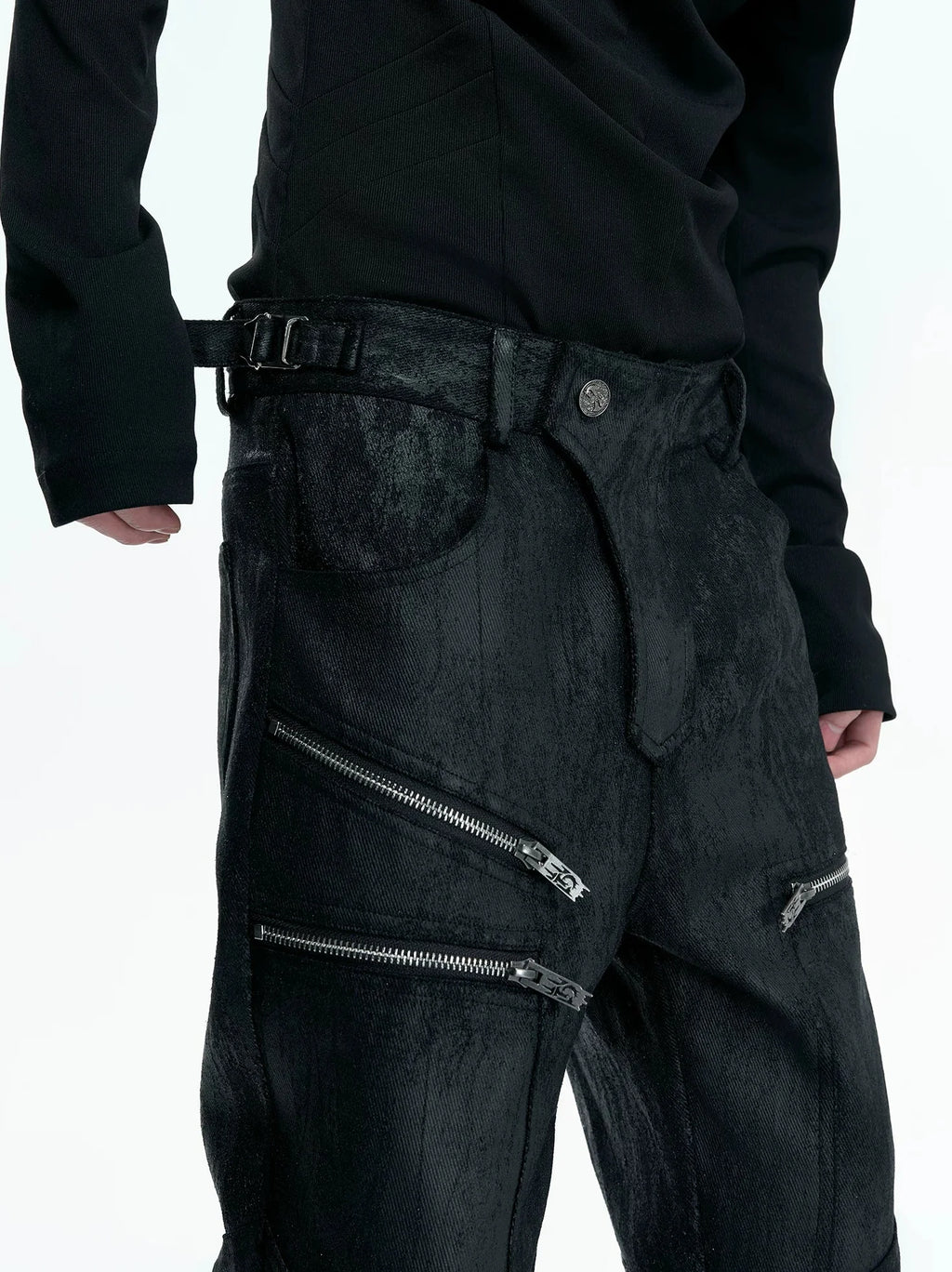 【26s May】Waxed Distressed Zip Panel Straight Denim Pants