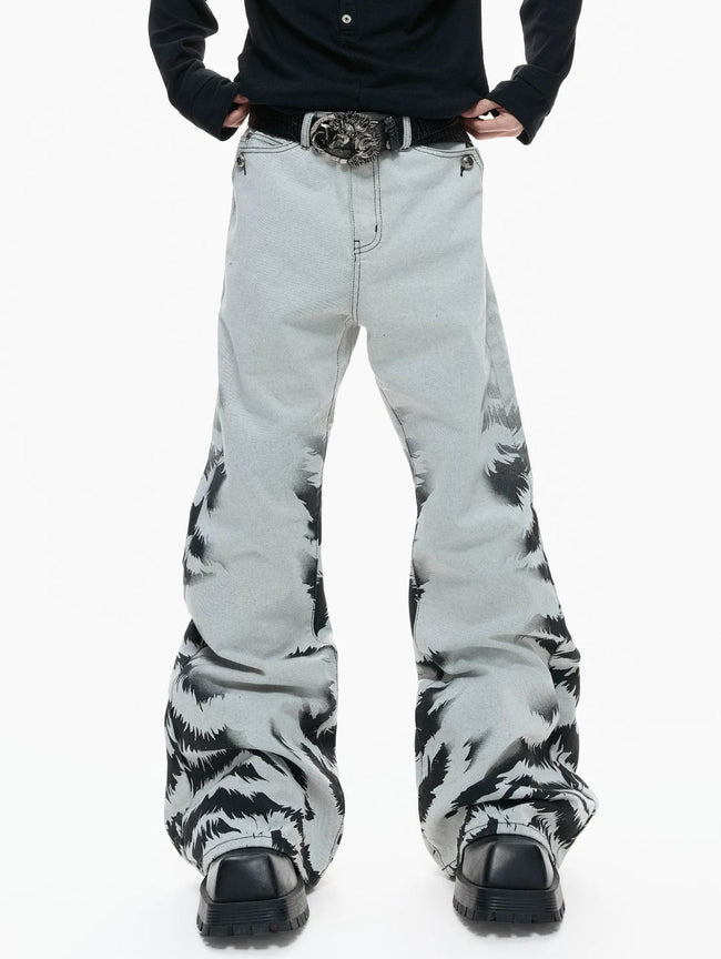 【26s Apr.】Distressed Tiger Tie-Dye Straight Flared Denim Pants Hover Image