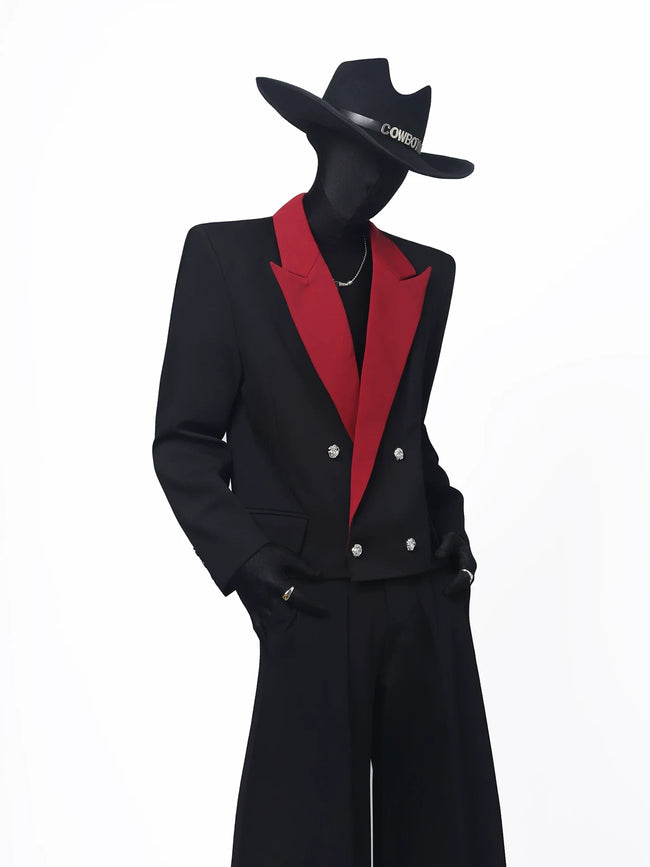 【26s May.】Black Red Contrast Cropped Structured Blazer Hover Image