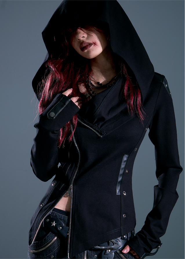 Raven Hood Asym Zip Knit Jacket