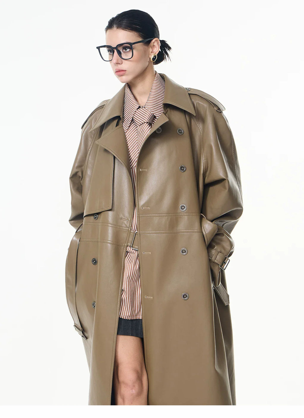 【26s May】Deconstructed PU Leather Double-Breasted Trench Coat