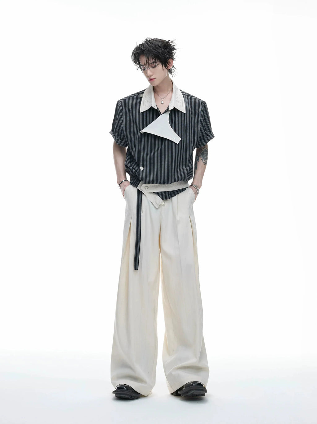 Embroidered Asymmetric Stripe Shirt Tee