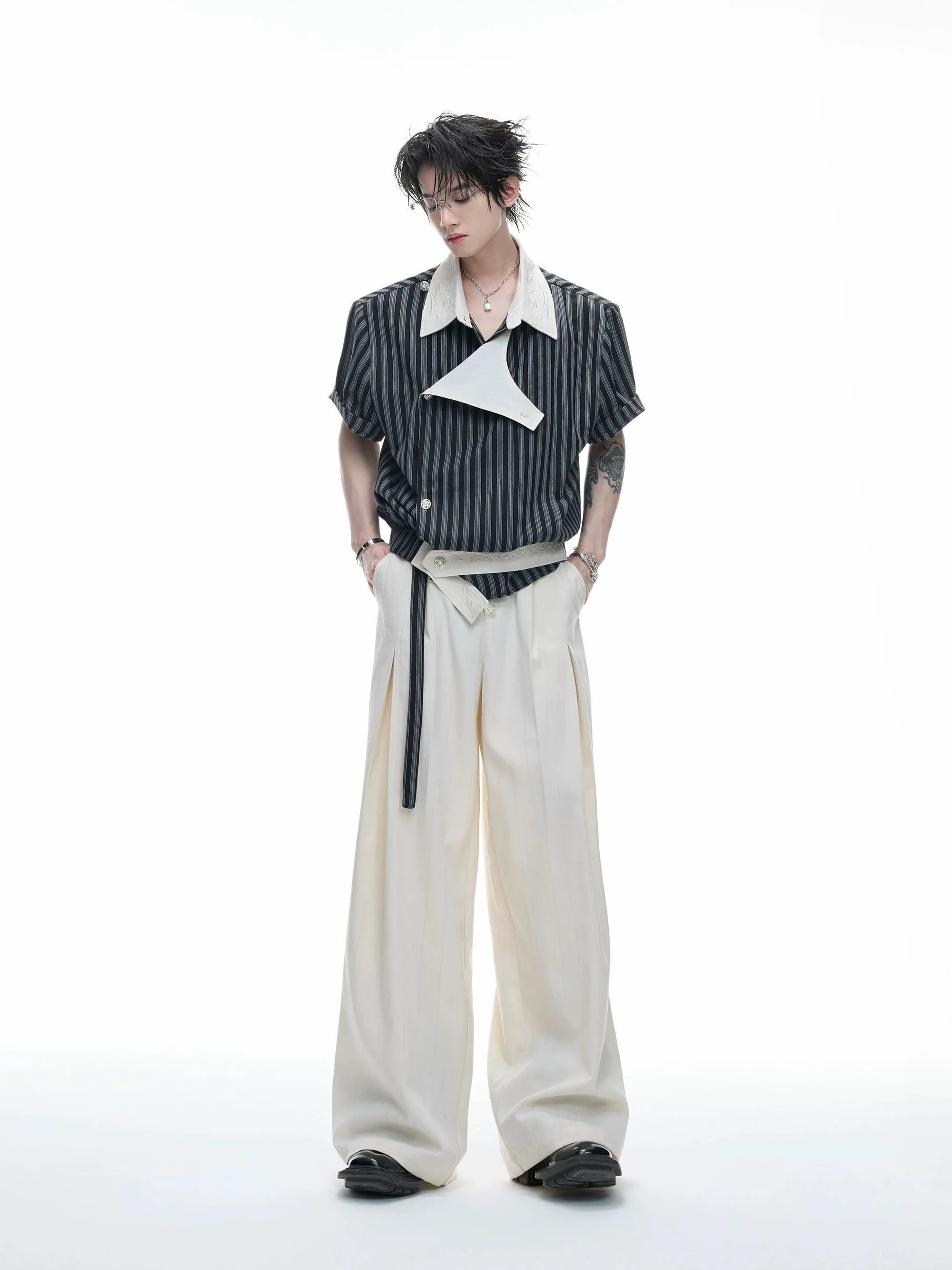 Embroidered Asymmetric Stripe Shirt Tee